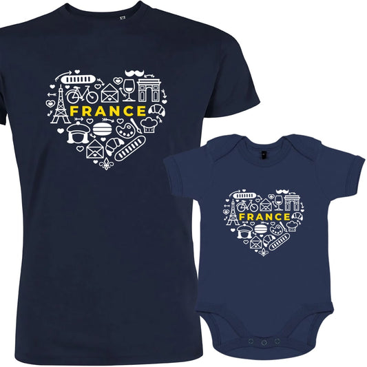 France monuments Heart Dad and Child Organic Cotton family Set (Set of 2)