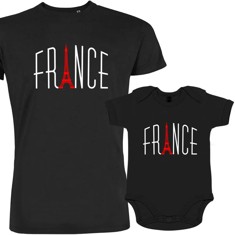 France With Red Eiffel Tower Dad and Child Organic Cotton family Set (Set of 2)