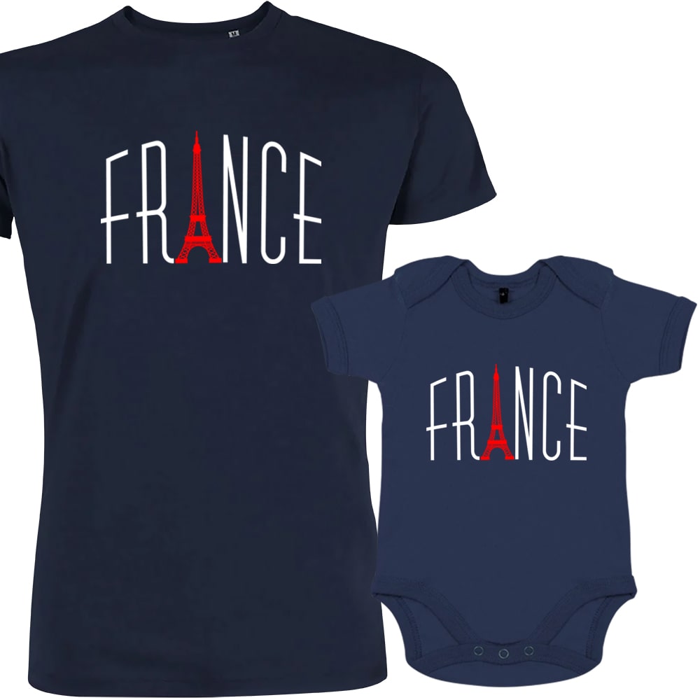 France With Red Eiffel Tower Dad and Child Organic Cotton family Set (Set of 2)