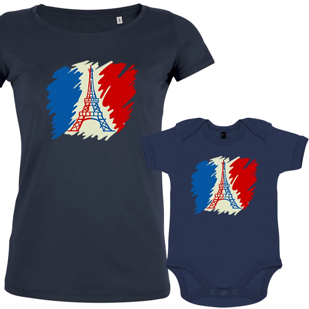 Brushed French Flag with Eiffel Tower Mom and Baby Organic Cotton family Set (Set of 2)