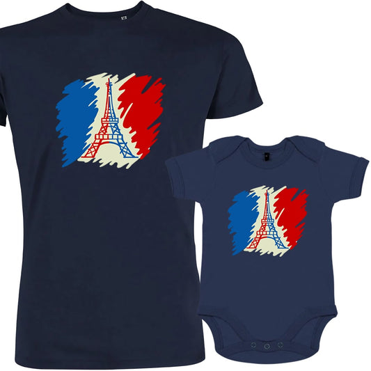 Brushed French Flag with Eiffel Tower Dad and Child Organic Cotton family Set (Set of 2)