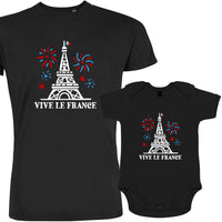 Vive La France With Eiffel Tower and Fireworks Dad and Child Organic Cotton family Set (Set of 2)