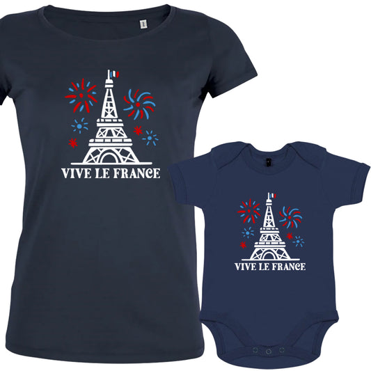 Vive La France With Eiffel Tower and Fireworks Mom and Baby Organic Cotton family Set (Set of 2)