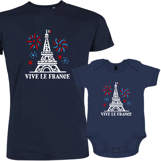 Vive La France With Eiffel Tower and Fireworks Dad and Child Organic Cotton family Set (Set of 2)