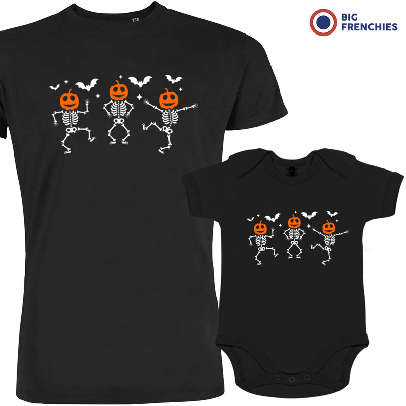 Pumpkin Skeleton Dance Halloween Dad and Child Organic Cotton family Set (Set of 2)