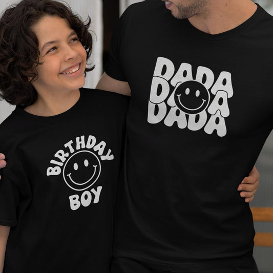 Dada and Birthday Boy Smiley Dad and Child Organic Cotton T-Shirts family Set (Set of 2)