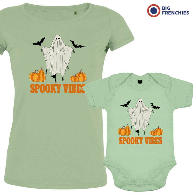 Spooky Vibes With Pumpkin And Ghost Mom and Child Organic Cotton family Set (Set of 2)