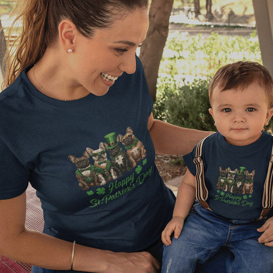 French Bulldog Happy St Patrick's Day Mom and Child Organic Cotton T-Shirts family Set (Set of 2)